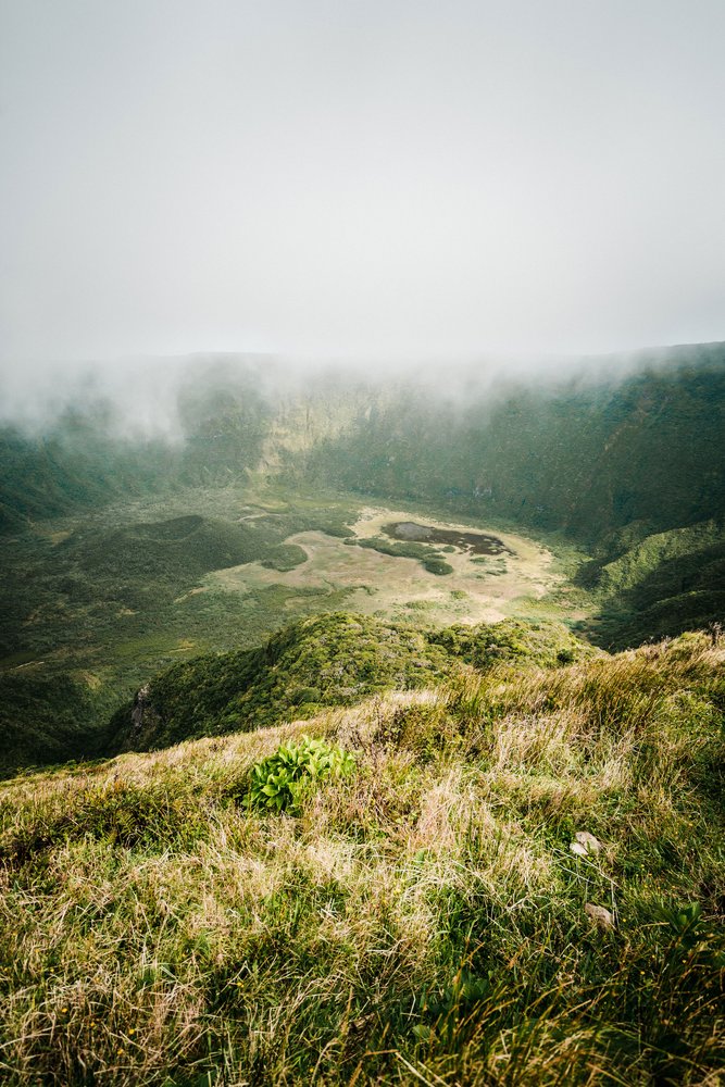 Lush green valley with mossy hills, small ponds, and fog covering the distant ridges.
